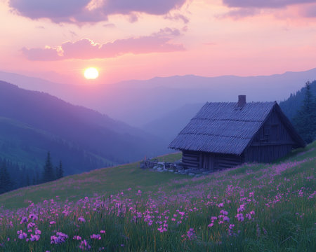 Escape to a rustic hilltop hut, nestled amidst nature's embrace Witness a serene sunset painting the sky with vibrant hues, fostering tranquility and contemplation Immerse yourself in the peaceful mountains, finding solace and escape from the ordinary AI Generativeの素材