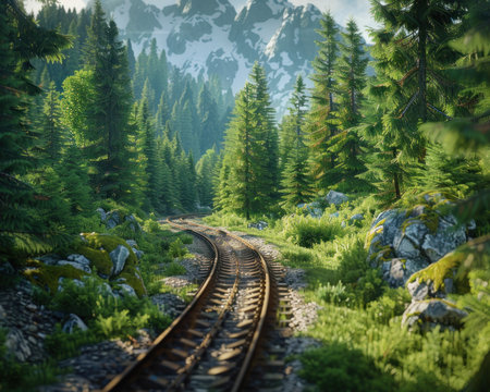 Embark on a breathtaking journey through nature's embrace, riding a scenic railway line that winds through dense forests Experience the tranquility and wonder of the natural world, capturing the essence of a voyage where every turn unveils a new vista Let the rhythm of the rails carry you away, as AI Generativeの素材