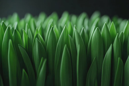 A close-up reveals the simple beauty of freshly grown grass, its uniform blades a vibrant green against a minimalist backdrop The lush texture and natural light emphasize the inherent beauty of nature, capturing the essence of a serene landscape in a single frame AI Generativeの素材