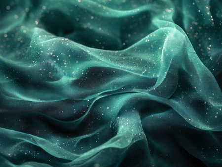 This captivating abstract teal fabric texture shimmers with ethereal light streaks, creating a vibrant and energetic visual The rich teal hues and dynamic light patterns make it a beautiful background for design projects, injecting a sense of movement and depth into any composition AI Generativeの素材