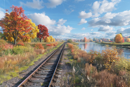 Embark on a serene autumnal rail journey through a vibrant tapestry of fall foliage A scenic track winds alongside a tranquil river, capturing the essence of seasonal change Witness nature's canvas transform into a breathtaking symphony of reds, oranges, and yellows, as you savor the tranquility of the journey AI Generativeの素材
