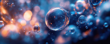 A mesmerizing dance of aqua-colored drops cascades against a vibrant backdrop of warm orange and blue bokeh The drops appear to float and twirl in the air, creating a dynamic and energetic visual Cool aqua contrasts beautifully with the warm hues, evoking a sense of movement and ethereal beauty AI Generativeの素材