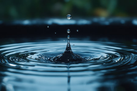 A minimalist visual composition captures the ethereal dance of abstract aqua drops merging on a blue surface The water drop splash explodes into a symphony of ripples and reflections, creating a mesmerizing interplay of light and shadow The simplicity of the design highlights the beauty and complexity of nature's most AI Generativeの素材