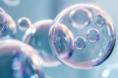 This digital art piece showcases a serene and captivating composition of translucent aqua bubbles floating and merging in a dynamic, organic pattern The abstract interplay of the spheres creates a mesmerizing visual experience, ideal for home decor, phone wallpapers, and art prints AI Generativeの素材