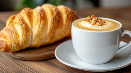 Start your day with an artisan-crafted cappuccino, its rich flavor and smooth texture a perfect complement to a flaky croissant Made with the finest ingredients and a touch of artistry, this breakfast pairing is a luxurious indulgence for coffee lovers and breakfast enthusiasts alike AI Generativeの素材