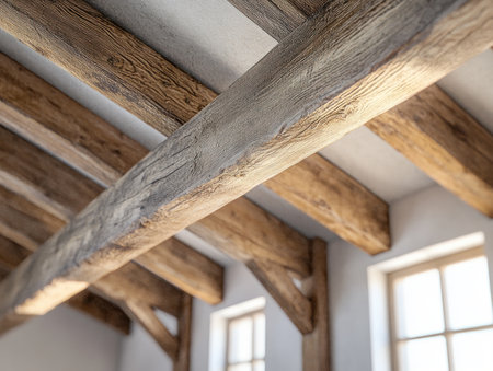 This modern interior design showcases the beauty of natural wood through geometrically arranged, earthy-toned timber beams The rustic charm of the beams complements the modern aesthetic, highlighting the craftsmanship and architectural detail The design exemplifies the timeless elegance of wood in a contemporary setting AI Generativeの素材