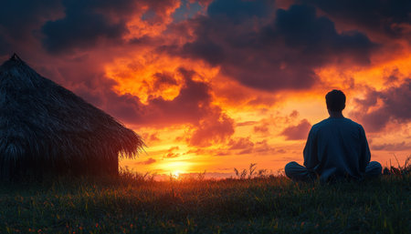 A solitary figure, perched in a rustic hut, gazes upon the fiery hues of sunset Bathed in the golden light of nature's final hour, they stand lost in contemplation, finding solace and tranquility amidst the beauty of the natural world The moment captures the essence of peaceful reflection, where solitude AI Generativeの素材