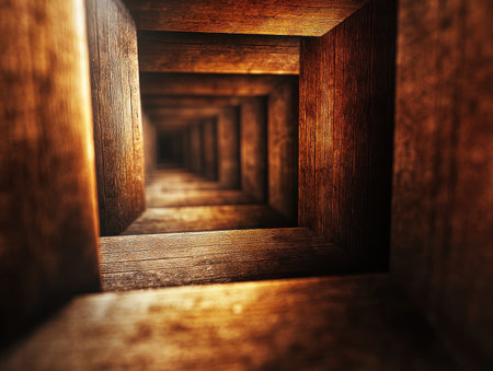 Embrace the beauty of nature with geometric wood beam patterns, rich earthy tones, and reclaimed timber This design concept inspires abstract architecture, showcasing the natural beauty of wood Find inspiration for your next interior project, blending modern design with rustic charm AI Generativeの素材