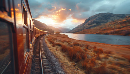 Embark on a breathtaking train journey through majestic mountains and serene waters Witness the beauty of nature's breathtaking landscape as you travel along a picturesque path Capture the awe-inspiring scenery and create lasting memories of this unforgettable adventure AI Generativeの素材