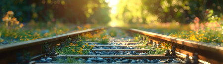 Sunlight bathes railway tracks winding through a vibrant tapestry of summer foliage The scene evokes a serene journey through nature's embrace Golden rays illuminate the tracks, highlighting the lush greens and vibrant hues of the season It's a moment of tranquil beauty, capturing the essence of a seasonal escape AI Generativeの素材