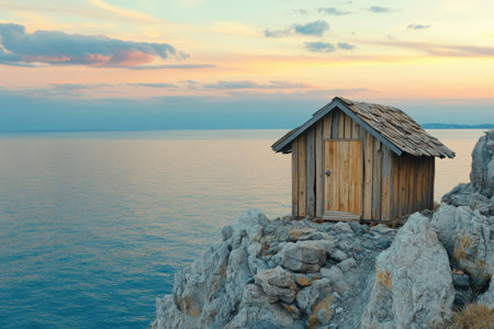 Escape to a rustic coastal hut where golden hour paints the sky with serene hues Nestled by the tranquil beach, this cabin offers breathtaking ocean views and a peaceful retreat for relaxation and inspiration Immerse yourself in the beauty of nature's masterpiece and find solace in this coastal paradise AI Generativeの素材