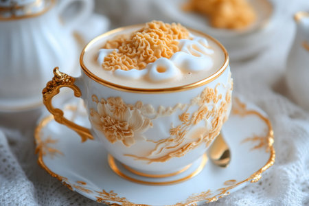 Indulge in a luxurious experience with this elegant creamy beverage Adorned with an artistic foam design, it rests in a delicate porcelain cup, perfect for a special occasion or a sophisticated afternoon tea Every sip promises a moment of pure indulgence AI Generativeの素材