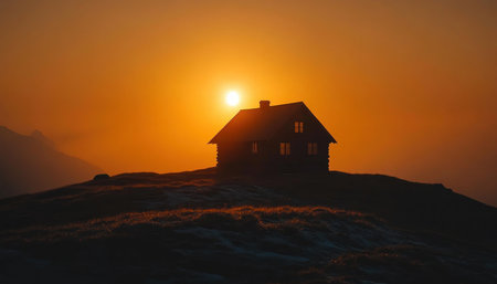 A solitary cabin stands silhouetted against the fiery sunset sky, perched atop a rolling hill Its rustic charm and peaceful solitude radiate a sense of serenity The serene landscape photo captures the beauty of nature's tranquility, inviting viewers to escape into its peaceful embrace AI Generativeの素材