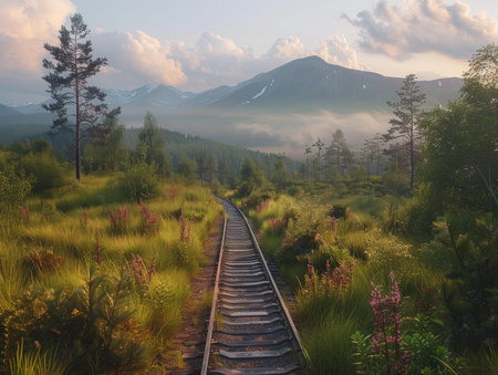 A winding railway track carves through a majestic mountain landscape, its steel ribbons tracing a path of tranquility The breathtaking beauty of nature's serenity unfolds with every passing mile, offering a journey through the heart of untamed wilderness The rugged peaks and verdant valleys paint a picturesque backdrop for an AI Generativeの素材