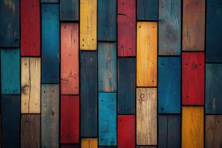 This abstract wall art features vibrant, colorful wooden planks arranged in a geometric pattern The reclaimed wood adds rustic texture, while the modern design brings a unique touch Perfect for interior design, this piece offers a bold statement with its playful color palette and captivating wood textures AI Generativeの素材