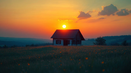 A silhouette of a humble rustic hut stands peacefully against a vibrant sunset Bathed in golden light, the scene embodies the tranquility of nature and the simplicity of rural life This serene landscape photograph captures the essence of peace and harmony, inviting viewers to embrace the beauty of the natural AI Generativeの素材