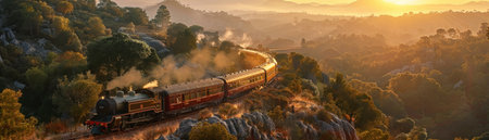 Embark on a breathtaking train journey through towering mountains bathed in the golden glow of sunset As the sun dips below the horizon, witness the serenity of nature's beauty unfold Capture the mesmerizing landscapes, where tranquil valleys meet majestic peaks, leaving an unforgettable memory AI Generativeの素材