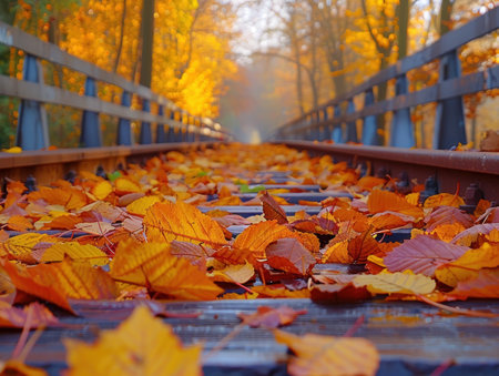 Imagine a scenic railway track draped in vibrant autumn leaves, a journey through a canvas of golden, red, and orange hues The rustic wooden ties and steel tracks lead you through a breathtaking fall landscape, where sunlight paints the fog-kissed forest with ethereal shadows A tranquil path through nature's palette, AI Generativeの素材