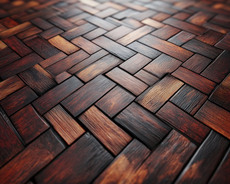 This abstract wooden plank pattern boasts rich earthy colors and a geometric design that creates striking visuals Its captivating textures make it ideal for backgrounds and adding depth to any design project The interplay of wood grain and geometric forms evokes a sense of natural beauty and artistic sophistication AI Generativeの素材
