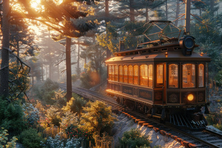 Embark on a nostalgic journey through sun-drenched forests aboard a vintage train Immerse yourself in the beauty of lush greenery bathed in golden light as you travel by rail Experience the romance of a bygone era while witnessing nature's breathtaking splendor AI Generativeの素材