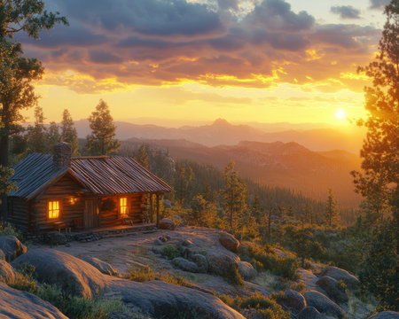 Escape to a rustic cabin nestled in the mountains, where breathtaking sunsets paint the horizon with fiery hues Embrace tranquility amidst nature's beauty, finding serenity in the golden glow as day surrenders to night This is a haven for those seeking respite and wonder AI Generativeの素材