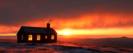 A solitary traveler's hut stands silhouetted against a fiery sunset, its rustic charm a beacon of adventure in a remote wilderness The vibrant sky embraces the landscape, painting a scene of untamed beauty and the allure of the unknown AI Generativeの素材
