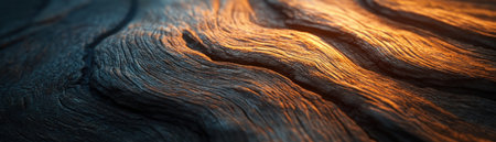 A close-up photograph reveals the intricate, earthy beauty of wood grain Deep browns and cool shadows dance across the textured surface, creating a captivating abstract pattern Light highlights the natural warmth and organic flow of the timber, showcasing the artistry of nature and the craftsmanship of woodworking AI Generativeの素材