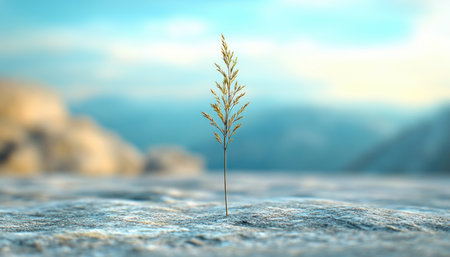 A single blade of grass, stark against a vast expanse, embodies resilience and new life This minimalist photograph captures the essence of nature's beauty, offering a serene moment of reflection Its simple composition invites contemplation, evoking hope, strength, and the enduring spirit of growth A visual reminder of nature's enduring AI Generativeの素材