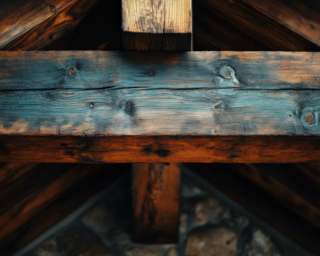 Immerse yourself in the rustic charm of aged timber beams Up close, their deep earthy hues, blending rich browns with subtle blues, reveal the natural beauty of weathered wood This captivating image is perfect for interior design inspiration, rustic home decor, and architectural photography AI Generativeの素材