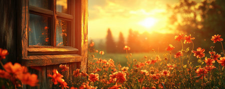 As the sun dips below the horizon, painting the sky in vibrant hues, a rustic cabin window frames the breathtaking golden hour The peaceful journey through nature's embrace finds its tranquil end, leaving only serenity and the memory of a perfect day AI Generativeの素材