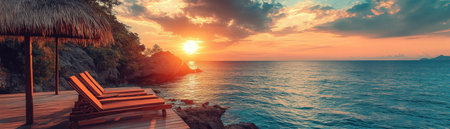 Escape to a rustic beach hut, where panoramic sunset views paint the sky in vibrant hues Immerse yourself in tranquility as the gentle ocean breeze whispers secrets Unwind and let stress melt away amidst the soothing sounds of nature Pure relaxation awaits AI Generativeの素材