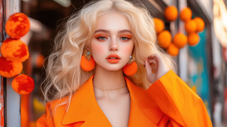 A striking blonde woman radiates confidence against a minimalist backdrop Bathed in vibrant orange hues, she embodies modern style and trendy fashion Clean lines and minimal distractions create a captivating portrait, showcasing her effortless elegance AI Generativeの素材