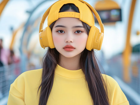 A captivating fashion model, bathed in vibrant yellow, commands attention against a minimalist backdrop Their sleek, high-tech gadgets effortlessly blend with their stylish ensemble, exuding a modern and sophisticated aura The minimalist aesthetic enhances the impact of the bold outfit and futuristic accessories, creating a captivating image of contemporary style AI Generativeの素材