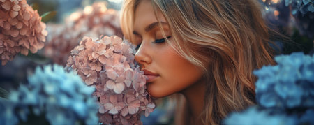 Amidst a vibrant tapestry of blossoms, a woman radiates beauty Lush foliage frames her, creating a breathtaking tableau of nature's artistry Vivid petals dance around her, their colors reflecting the light, forming a stunning symphony of life and grace AI Generativeの素材