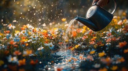 A gentle figure, watering can in hand, nourishes a vibrant flower garden Tranquility surrounds him, a testament to the peaceful joy of gardening Every drop of water symbolizes growth and renewal, fostering both the garden and his own inner peace The scene embodies a harmonious connection between man and nature, AI Generativeの素材