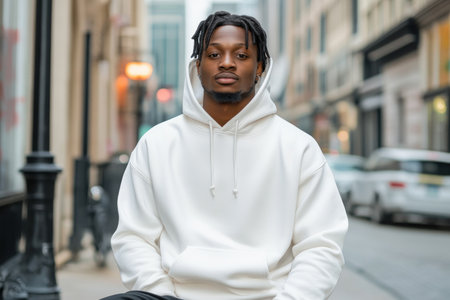 A young man exudes confidence, his sleek white hoodie and urban streetwear blending seamlessly with the modern cityscape Minimalist surroundings highlight his trendy fashion, capturing the essence of contemporary design The urban backdrop adds a touch of gritty realism, enhancing his effortlessly cool aesthetic AI Generativeの素材