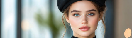 A captivating portrait exudes timeless elegance with a minimalist approach The confident young woman radiates subtle sophistication in her modern attire Sleek design and a captivating gaze combine to create an image of effortless grace and power AI Generativeの素材
