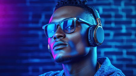 A stylish urbanite, engulfed in the pulsating rhythm of modern music, finds solace in luxurious headphones The abstract cityscape swirls around him, a testament to his cutting-edge taste This fusion of fashion and technology delivers an unparalleled audio experience, immersing him in the heart of the electronic beat AI Generativeの素材