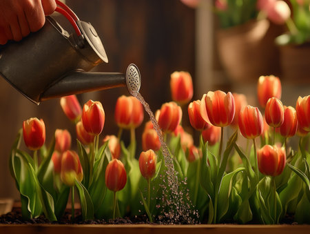 A man gently waters a vibrant bed of tulips, a scene of serene spring beauty The act of nurturing these blooming flowers evokes a sense of peace and tranquility, reminding us of nature's restorative power It's a moment of quiet joy, where care and connection with the natural world bring AI Generativeの素材