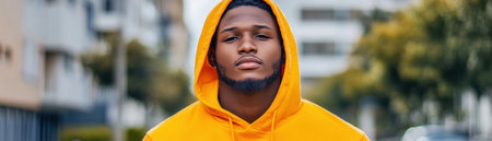 A young man exudes confidence in a vibrant orange hoodie, standing against a minimalist backdrop His streetwear style is a bold statement, showcasing a playful use of color and highlighting the latest trends This image is a source of inspiration for anyone looking to elevate their street style with confidence AI Generativeの素材
