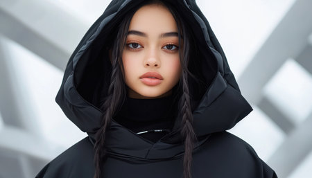 A confident young woman radiates urban chic in a modern, minimalist setting Her sleek, edgy streetwear embodies the latest trends, capturing the essence of contemporary fashion This portrait exudes style, confidence, and a youthful, cool-girl vibe, perfect for fashion inspiration and trendsetting AI Generativeの素材