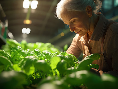 In the serene embrace of a greenhouse, a senior woman gently tends to her seedlings Her hands, weathered by time, move with a gentle touch, nurturing life The air is filled with the earthy scent of growth, as she embraces the peaceful spirit of gardening, finding solace and renewal in AI Generativeの素材