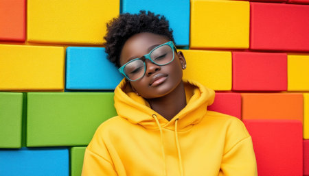 A radiant young woman, exuding confidence, leans against a vibrant wall, her bright yellow hoodie a bold statement She embodies modern street style, her look seamlessly blending with the trendy, minimalist backdrop Her posture, her clothing, and the backdrop all speak to a modern, stylish, and self-assured personality AI Generativeの素材