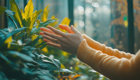 In a serene greenhouse bathed in soft sunlight, a gardener's gentle hands delicately trim leaves, their touch a whisper of care The air hums with the quiet symphony of nature, as the gardener embraces the tranquility of nurturing life amidst verdant foliage AI Generativeの素材