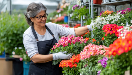 A seasoned gardener, her hands deftly arrange vibrant blooms within the verdant embrace of a greenhouse Her serene focus embodies the tranquility of tending to nature's bounty, a moment of peace amidst the world's chaos The air hums with the quiet joy of creation, as she cultivates beauty one delicate AI Generativeの素材