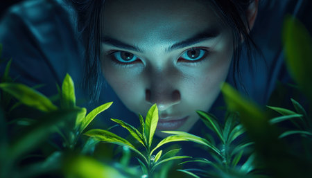 A woman's gentle hand, like a whisper of spring, guides a fragile seedling in a vibrant greenhouse Sunlight filters through the glass, bathing the scene in a warm glow Life bursts forth, nurtured by her touch, a testament to the delicate dance of growth and care AI Generativeの素材