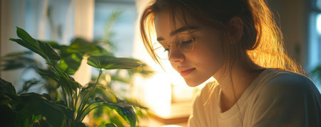 Golden light bathes a woman as she gently tends to her flourishing plants The air is thick with the scent of earth and blooming flowers, a symphony of life unfolding in her hands Her quiet focus speaks of a serene sanctuary, a haven of peace cultivated within the walls of AI Generativeの素材