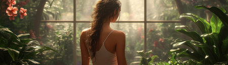 A serene woman, surrounded by lush greenery, stands amidst a tranquil greenhouse oasis Her gaze, filled with admiration, rests upon her thriving plants, a testament to nature's enduring beauty The air is filled with the quiet hum of life, as she finds solace in the symphony of growth AI Generativeの素材