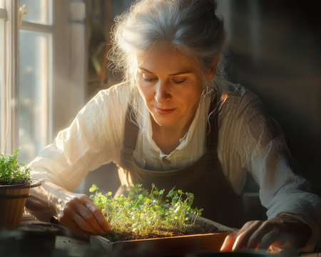 Bathed in soft light, a woman gently plants seedlings, her actions a testament to the quiet care and tranquility of gardening Each delicate sprout represents hope, renewal, and the promise of life nurtured by her loving hands This moment embodies the harmonious connection between humanity and nature, fostering a sense AI Generativeの素材