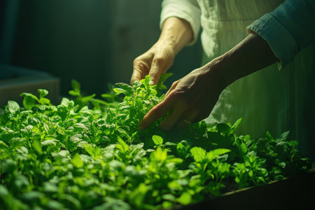 A woman's gentle hands tend to a vibrant herb garden, each leaf a testament to her passion for nature Sunlight bathes the lush greenery, reflecting her love for the earth and the life it sustains A symphony of scents fills the air, a fragrant testament to her nurturing touch AI Generativeの素材